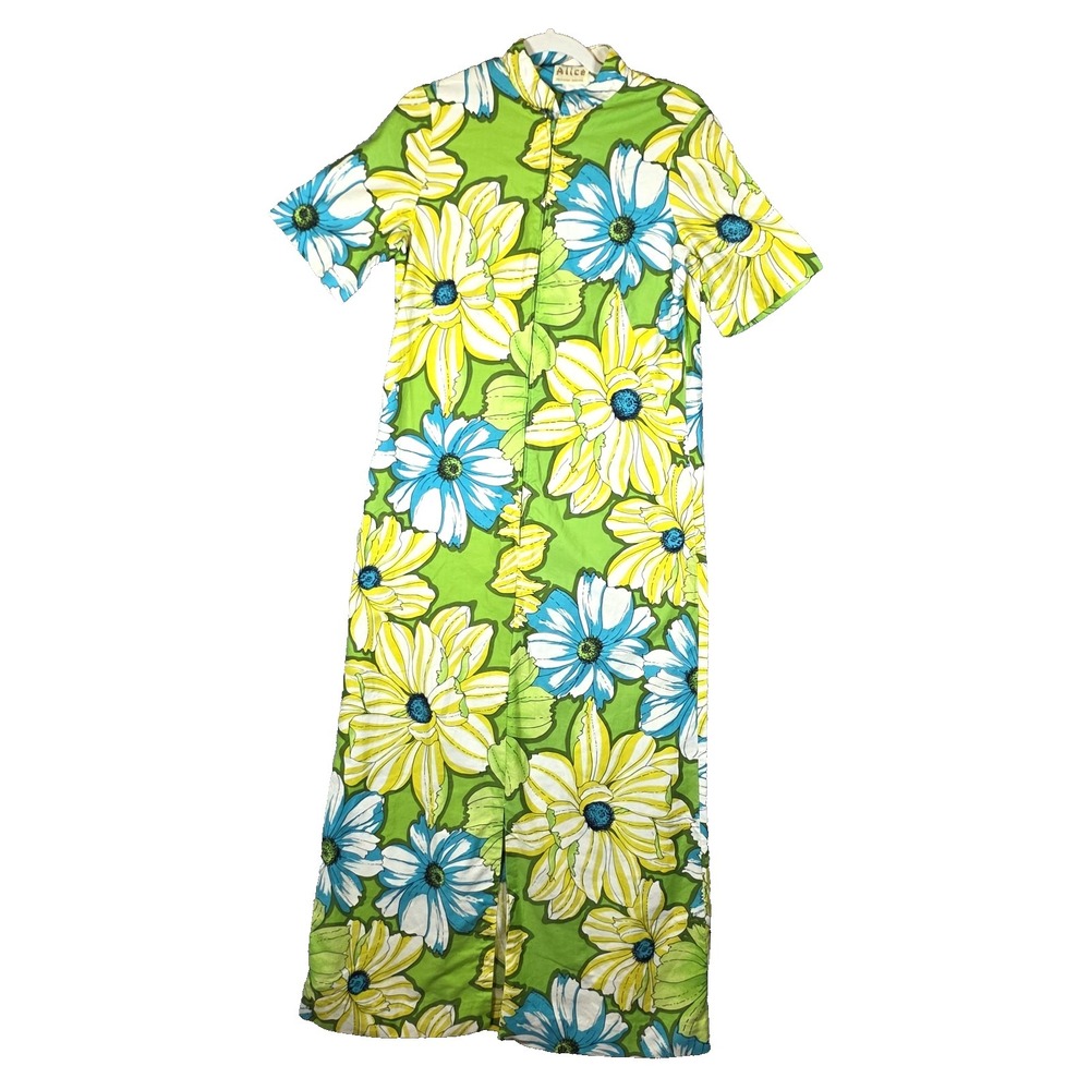 VTG 60s 70s Alice Polynesian Fashions Tiki Muumuu Dress Floral Green Blue Maxi M